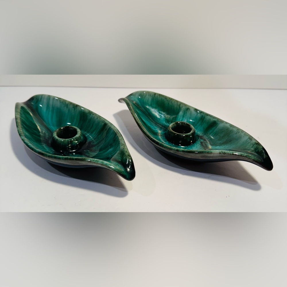 Vintage Blue Mountain Pottery Leaf Candle Holders Set of 2 Canadian Brand